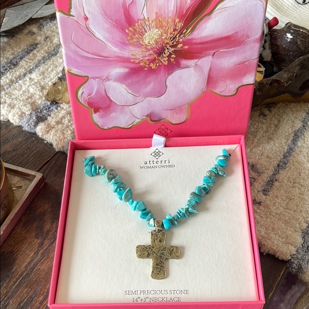 Atterri Turquoise Chip Necklace with Gold Cross Pendant